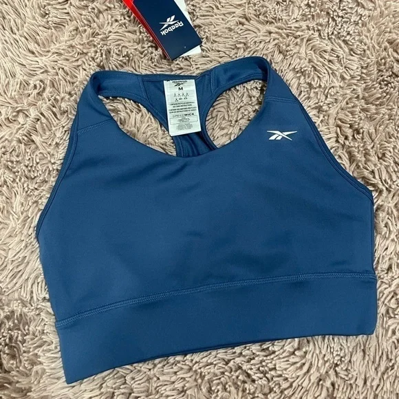 Reebok Women Running Essentials Blue Sports Bra Unpadded Cup NEW - Picture 1 of 5